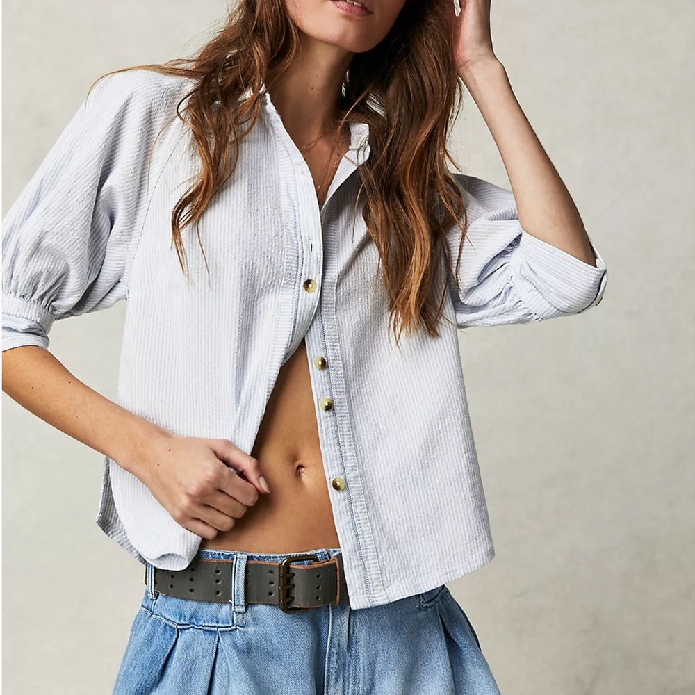 Free People Light Blue Pinstripe Button Down Shirt